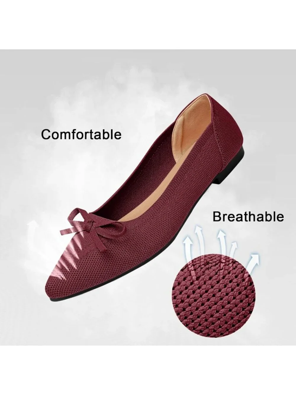 Women's Red Knit Ballet Flats Pointed Toe Bow Comfortable Dressy Shoes